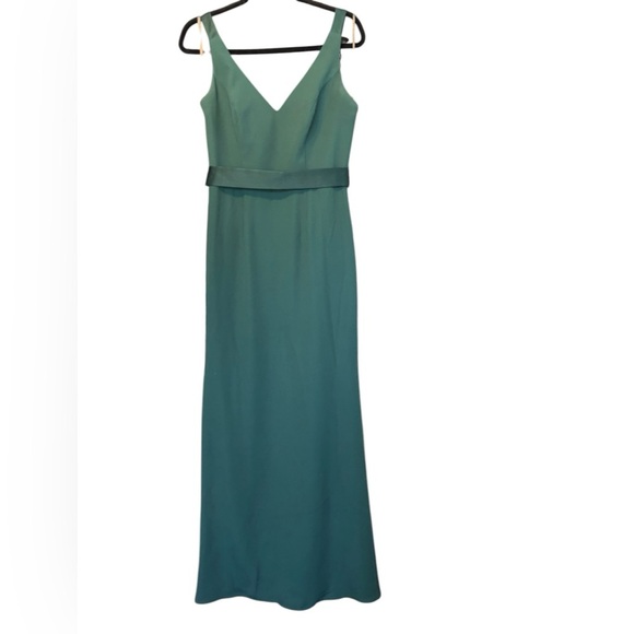 Vera Wang White Collection Forest Green Chiffon Dress V Neck Satin Belt Size 8 - Picture 2 of 8